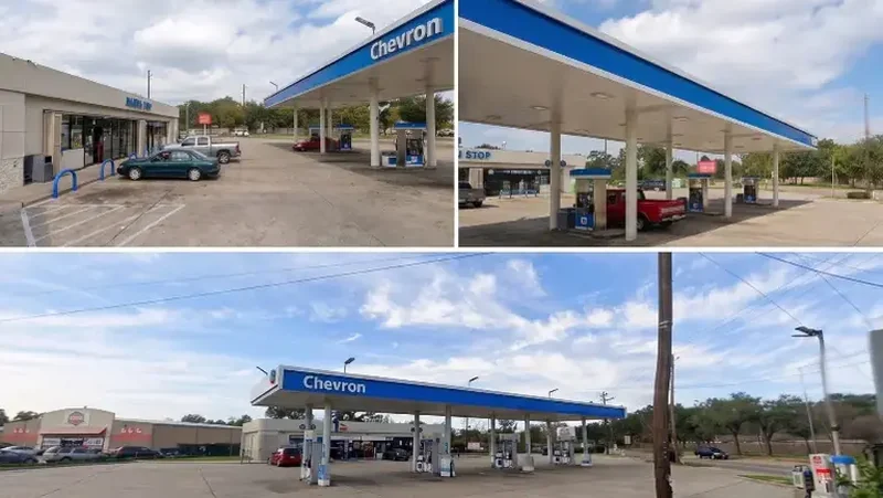 Chevron fuel canopy and convenience store at a gas station, Houston, Texas